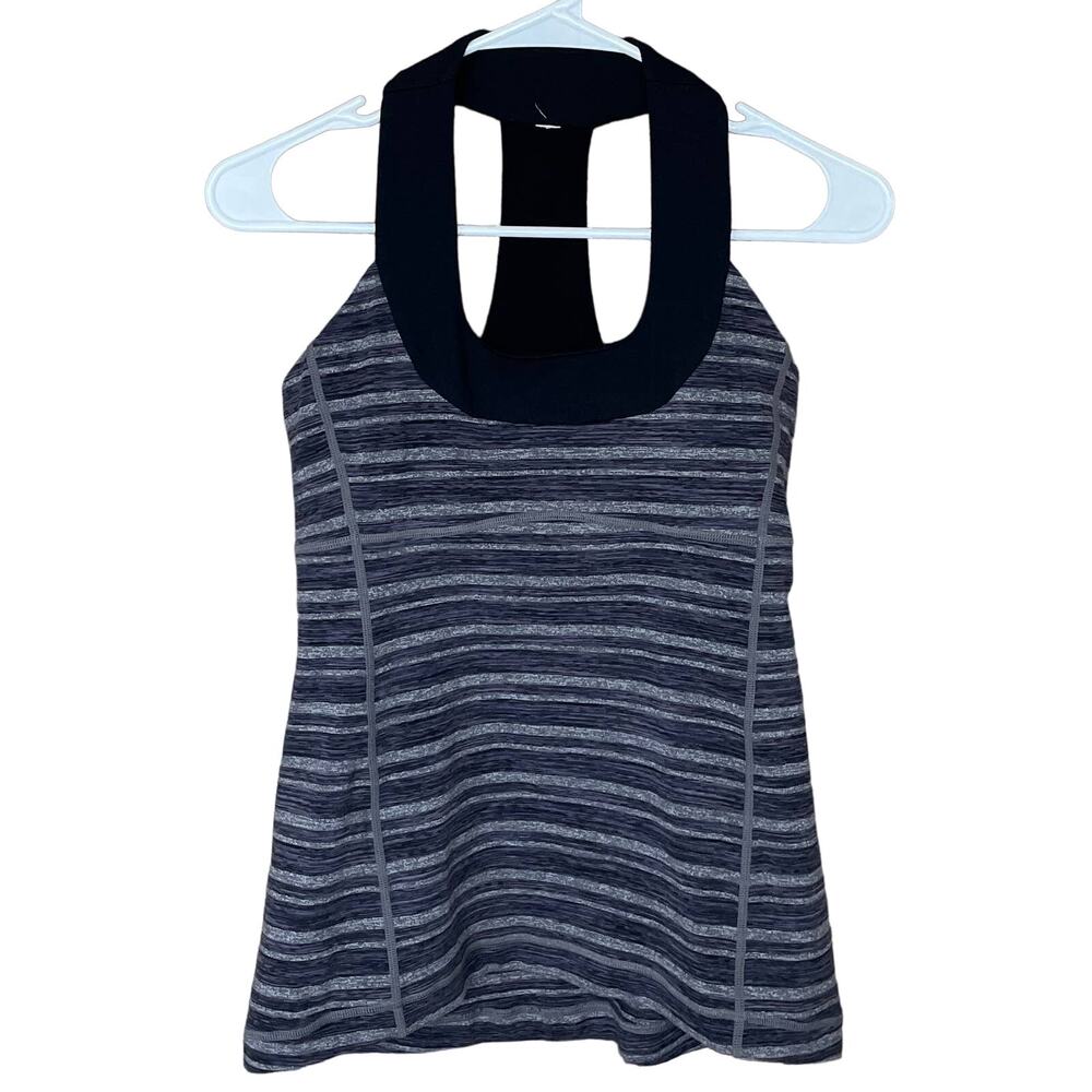 Lululemon Scoop Neck Tank Top Shelf Bra Black Stripes Galore Gray Size 6